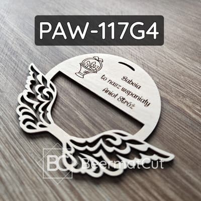 Skrzydła anioła na obręczy, wycinane laserowo ze sklejki, z grawerem Anioł Stróż.