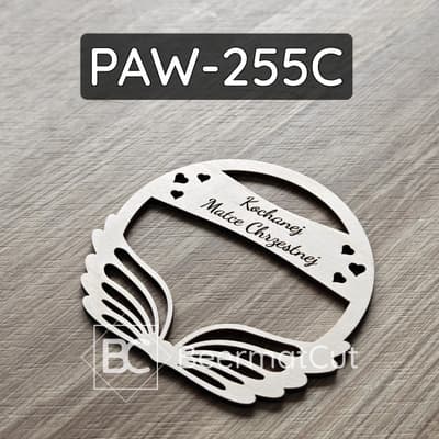 Skrzydła aniołka na obręczy, wycinane laserowo ze sklejki, z grawerem dla Matki Chrzestnej.