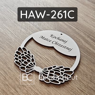 Skrzydła na obręczy, laserowo wycinane z HDF, z dedykacją dla Matki Chrzestnej, do dekoracji.