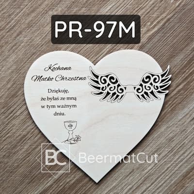 Baza do makramy serce, laserowo wycinana ze sklejki, z grawerem podziękowania dla Matki Chrzestnej i skrzydłami.