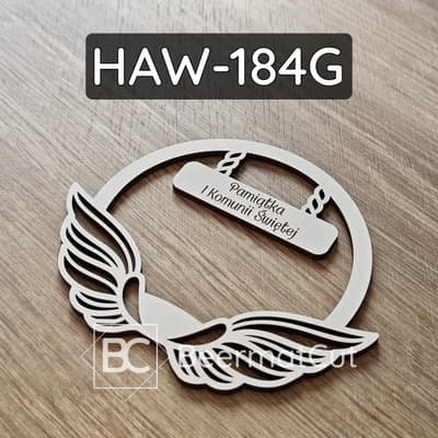 Skrzydła anioła na obręczy, laserowo wycinane z HDF, pamiątka I Komunii Świętej.