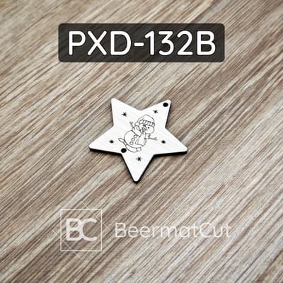 Gwiazda drewniana laserowo wycinana z grawerem bałwanka, element do chwosta, dekoracja świąteczna.