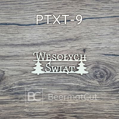 Napis Wesołych Świąt z drewna, laserowo wycinany, z choinkami, do dekoracji świątecznych.