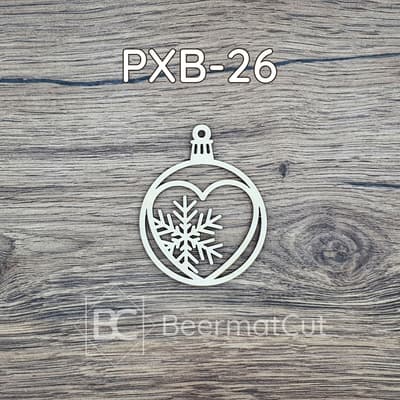 Bombka choinkowa laserowo wycinana ze sklejki z motywem serca i płatka śniegu.