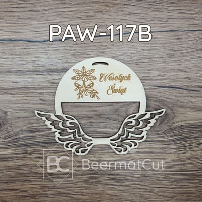 Świąteczne skrzydła anioła na obręczy, wycinane laserowo ze sklejki, z grawerem "Wesołych Świąt" do makramy.