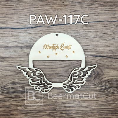 Skrzydła anioła na obręczy ze sklejki, wycinane laserowo, z napisem "Wesołych Świąt" do dekoracji.