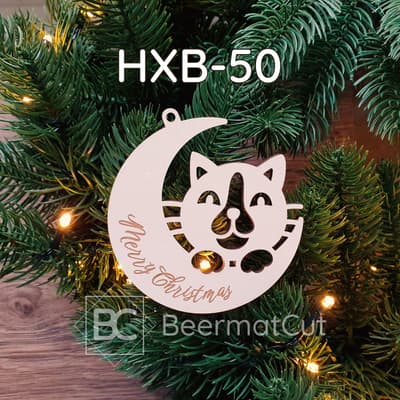 Bombka drewniana wycinana laserowo z kotem na księżycu i napisem "Merry Christmas", dekoracja świąteczna.
