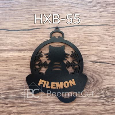 Bombka świąteczna laserowana HDF z kotem i imieniem "Filemon".
