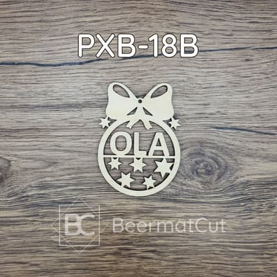 Bombka choinkowa ze sklejki, wycinana laserowo, z imieniem OLA i gwiazdkami.