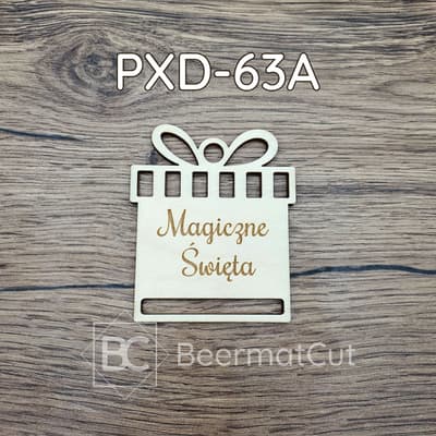 Baza pod makramę, wycinana laserowo ze sklejki, z motywem prezentu świątecznego i napisem "Magiczne Święta".
