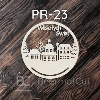 Obręcz do makramy laserowana ze sklejki z motywem świątecznej wioski i napisem "Wesołych Świąt".