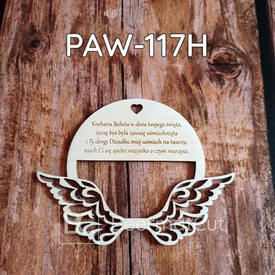 Skrzydła anioła na obręczy, wycinane laserowo ze sklejki, z dedykacją dla Babci i Dziadka.
