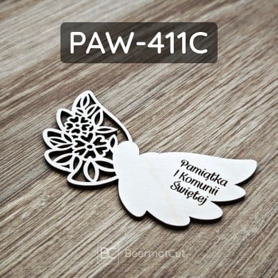 Skrzydła anioła z grawerem laserowym ze sklejki, pamiątka I Komunii Świętej.