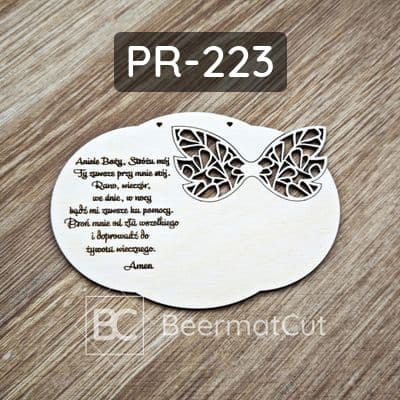Baza do makramy ze sklejki, wycinana laserowo, ze skrzydłami i grawerowaną modlitwą.