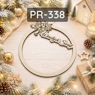 Obręcz do makramy z drewna wycinana laserowo, z motywem gwiazdy betlejemskiej i napisem Wesołych Świąt.