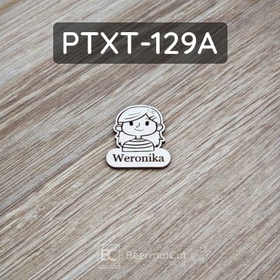 Drewniana figurka dziewczynki z imieniem, wycinana laserowo ze sklejki, do personalizacji dekoracji lub rękodzieła.